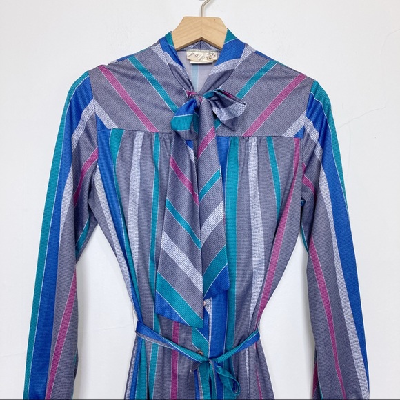 Vintage secretary dress pussybow grey teal pink midi 70s retro office striped - Picture 3 of 12